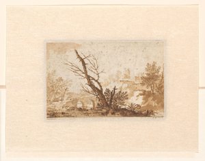 Bir ağaç, bir köprü ve bazı binalar ile İtalyan manzara by Johannes Petrus van Horstok