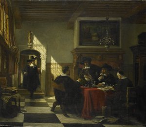 Bir Nautilus kupası olan bir masada 17. yüzyıl kostümlü şirket by Johannes Stroebel
