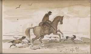 Bir binici ve koşan köpeklerle manzara by Johannes Tavenraat