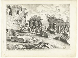 Antik heykel parçalarıyla dolu bahçe Roma kalıntıları, 1561 (dizi başlığı) by Johannes of Lucas van Doetechum (attributed to)