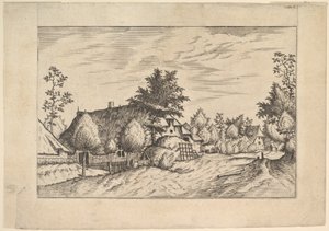 Village Street, Estates çiftliğinden ve kırsaldan bir çiftliğin önüne yığılmış saman..., ca. 1559-61. by Johannes van Doetecum I