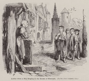 Martin Luther, Eisenach sokaklarında şarkı söyleyen bir çocuk (gravür) by John (after) Gilbert