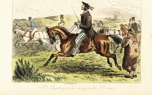 Tam o'shanter şapkalı bıyıklı İngiliz bey, kırsalda pikniğe giderken ata biniyor. by John (after) Leech