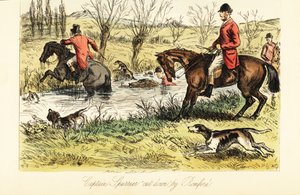 İngiliz avcı tilki köpekleriyle bir nehri geçerken by John (after) Leech