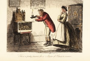 Pembeler ve botlar içinde avlanan İngiliz avcı mum ışığında kafesteki bir tilkiyi inceliyor. by John (after) Leech