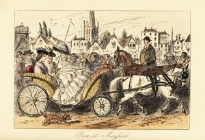 Küçük bir kasabanın işlek caddelerinde midilliyle çizilmiş bir sepet arabası süren, kabarık etekli İngiliz bayan şemsiyeli by John (after) Leech