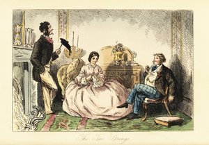 Bir salonda iki beyefendi arayan kabarık etekli bayan by John (after) Leech