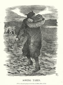 Yumruk karikatürü: Tares Sowing - İngiliz işçiler arasında Sosyalizmin yayılma korkusu (gravür) by John (after) Tenniel