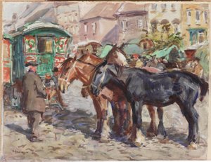 Arka planda evleri olan siyah at (kağıt üzerinde kalem ve wc) by John Atkinson