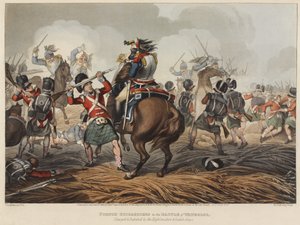 Waterloo savaşında Fransız Cuirassiers, Highlanders ve Scotch Greys tarafından suçlandı ve mağlup edildi, M. Dubourg tarafından oyulmuş, 1819 (renkli aquatint)