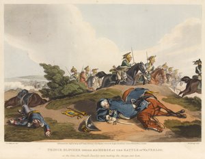 Prens Blucher, Waterloo savaşında atının altında, Fransız süvarileri onun üzerine hücum ederken, M. Dubourg tarafından kazınmış, 1819 (renkli aquatint)
