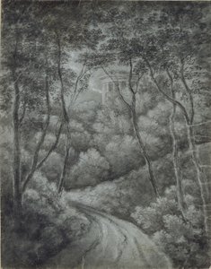 Bir Ormandan Geçen Bir Yol ve klasik bir Tapınak ile manzara (mavi kağıt üzerinde yumuşak grafit ve beyaz tebeşir)
