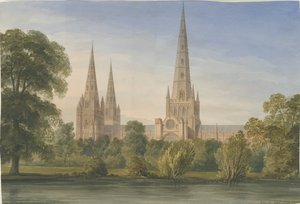 Lichfield Katedrali - Güney Güney Doğu Görünümü: sulu boya boyama, 1842 by John Buckler