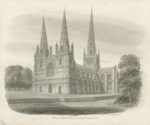 Lichfield Katedrali - Güney Batı Görünümü: sepya çizimi by John Buckler