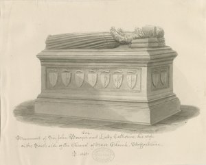 Maer Kilisesi - Sir John Bowyer ve Lady Catherine Anıtı: sepya yıkama çizimi, 1843 by John Buckler