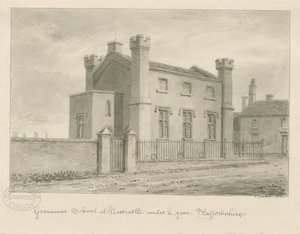 Newcastle-under-Lyme - Gramer Okulu: sepya yıkama çizimi, 1840 by John Buckler