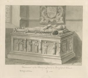 Seighford Kilisesi - William ve Mercy Bowyer Mezarı: sepya yıkama çizimi, 1842 by John Buckler