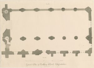 Tutbury Manastırı Kilisesi - Plan: kurşun kalem ve sepya çizimi, nd [?1812] (çizim) by John Buckler