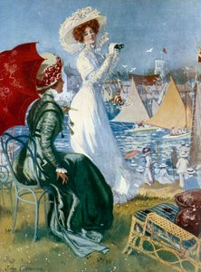 Belle epoque: “” Dürbünle regates izleyen genç kadınlar”” John Cameron tarafından Lithograph (20. yüzyıl) Paris, Dekoratif Sanatlar