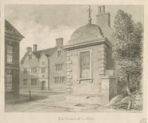 Lichfield - Küçükler Okulu ve Conduit: sepya çizimi by John Chessell Buckler