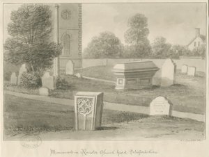 Rocester Kilisesi - Anıtlar ve Kilise avlusu: sepya çizimi by John Chessell Buckler