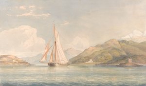 Arka Planda Dağlar ile Sola Yelkenli Tekne by John Christian Schetky