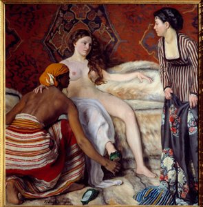 Oryantalizm: “” Tuvalet” İki bakiresinin yardım ettiği genç beyaz bir kadının tuvaleti var. Frederic Bazille