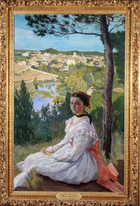 Köy manzarası Provence manzarasında poz veren genç bir kız. Frederic Bazille (1841-1870) 1868 Güneş tarafından yapılan tablo. 1,3x0,89 m Montpellier, Musee Fabre