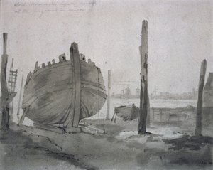 Gün Batımında Gemili Bir Nehir Manzarası by John Constable