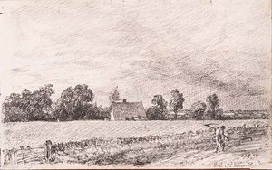 Kulübeler ve yol, Doğu Bergholt, kalem by John Constable