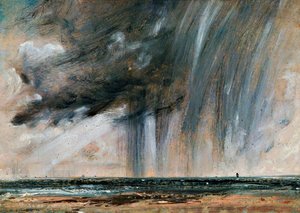 Deniz üzerinde yağmur fırtınası, yağmur bulutlu deniz manzarası çalışması, yaklaşık 1824-1828, John Constable (1776-1837), tuval üzerine kağıt üzerine yağlıboya, 22,2x31 cm by John Constable