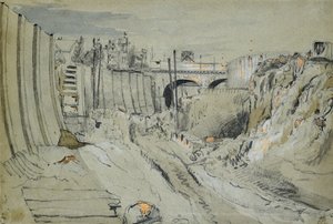 Londra ve Birmingham Demiryolu inşaatı, c.1835 (kağıt üzerine kurşun kalem ve yıkama) by John Cooke Bourne