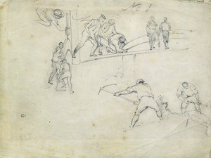 Londra ve Birmingham Demiryolu inşaatı, 1835 dolayları (kağıt üzerine kalem; bileşik eskiz) by John Cooke Bourne