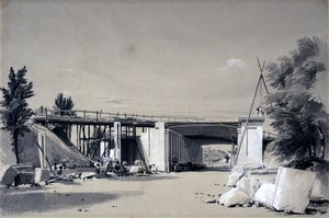 Yoldan Denbigh Hall Köprüsü, 25 Haziran 1837 (kalem ve mürekkep ve kağıt üzerinde yıkama) by John Cooke Bourne