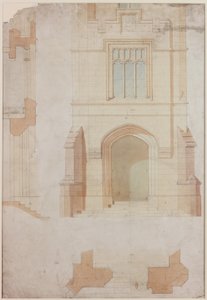 Elevation, Section and Plan of the Main Entrance of Holme Eden (pen and ink and wash (blue and brown and yellow) on paper (on paper))