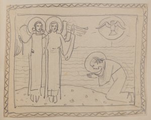 İsimsiz [Diz çöken figür ve iki melek] (kalem) by John Duncan