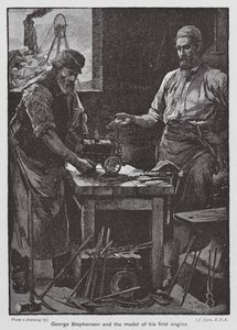 George Stephenson ve ilk motorunun modeli (renkli lito) by John Eyre