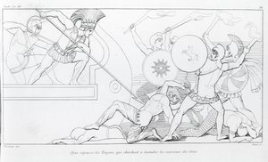 Ajax, Yunan gemilerini yakmaya çalışan Truva atlarını geri püskürtür. John Flaxman'ın (1755 - 1826) çizimi. Homeros'un İlyada'sı. Şarkı söylemek XV. by John Flaxman