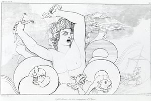 Charybde ve Scylla Bölümü: Ulysses'in altı arkadaşı yutulur. John Flaxman'ın (1755 - 1826) çizimi. Homeros'un Odyssey'i. Şarkı XII.