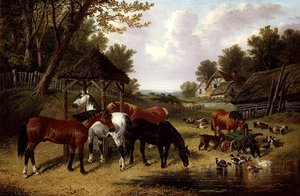 Çiftlik havuzunun yanındaki atlar (tuval üzerine yağlı boya) by John Frederick Herring Senior
