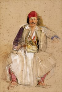A Corfiote Warrior, Oturmuş (kirli beyaz kağıt üzerine kalem üzerine suluboya) by John Frederick Lewis