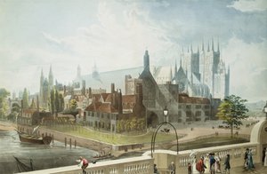 Daniel Havell (1785-1826) tarafından oyulmuş Westminster Hall ve Abbey, Rudolph Ackermann (1764-1834) 1819 (renkli aquatint)