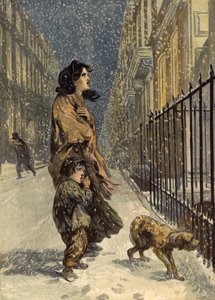 Evsiz yoksul, anne ve çocuğu karda köpekle (chromolitho) by John Gilbert