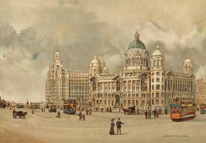 Liverpool: Mersey Rıhtımları ve Liman Kurulu Ofisleri, Karaciğer Binası, Vb, İniş Aşamasına Yaklaşım (renkli taş)