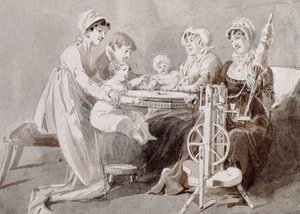 Çıkrıkta Ailesiyle Birlikte Bir Kadın (kağıt üzerinde kalem ve mürekkep yıkama) by John Harden