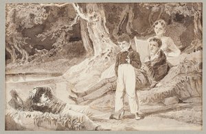 Sıcak bir günde ağaçların arasında dört figür, 1807 (kağıt üzerinde wc) by John Harden