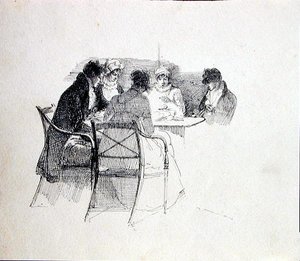 Grup bir masanın etrafında toplandı (kağıt üzerine kalem ve mürekkep) by John Harden
