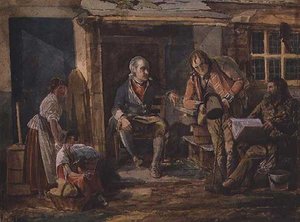 Bir kulübe kapısının dışında bir asker içeren grup (kağıt üzerine suluboya) by John Harden