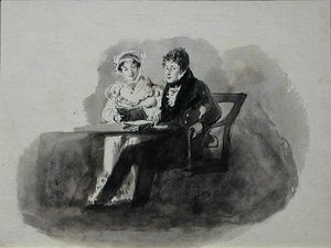 Erkek ve Kadın Okuma (kağıt üzerinde kalem ve mürekkep yıkama) by John Harden