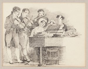 Kemancılar ve bir flütçü eşliğinde piyanist by John Harden